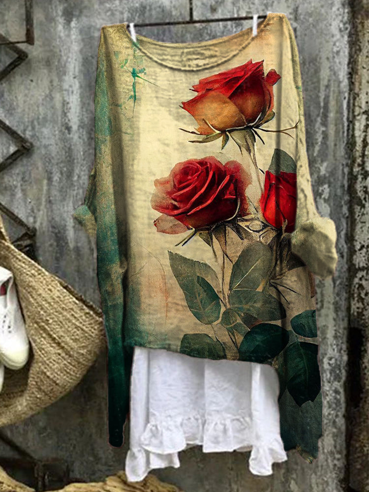 Women's Vintage Rose Print Linen Blend Shirt artswardrobe