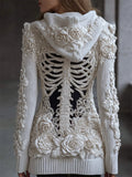 Comstylish Classy White Roses Beaded Skeleton Hooded Cozy Knit Cardigan