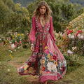 Comstylish Women's Vintage Floral Art Print V-neck Long Sleeve Maxi Dress