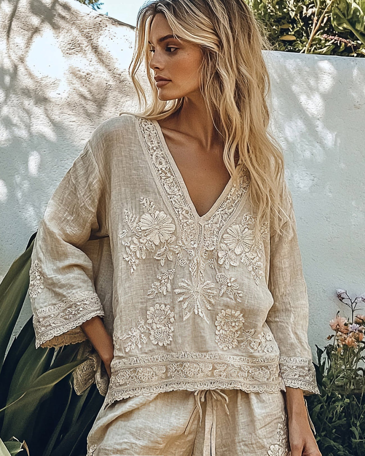 Comstylish Vintage Floral Embroidery Art Cotton Linen Casual Shirt