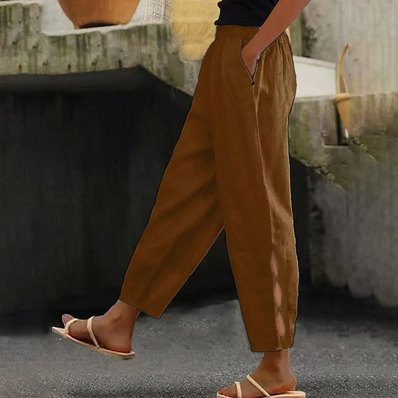 Women's Vintage Hollow Design Solid Color Linen Casual Pants artswardrobe