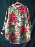 Women's Watercolor Flowers Floral Art Print Casual Cotton And Linen Shirt