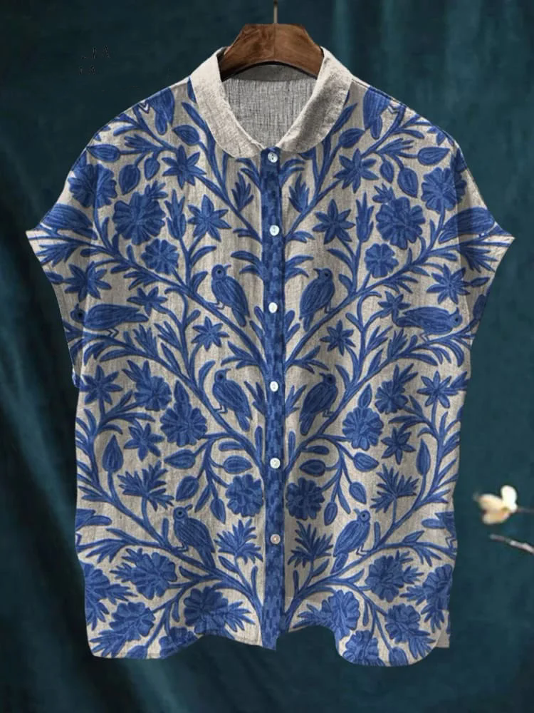 Women's Indian Art Floral Vintage Print Casual Cotton Linen Shirt