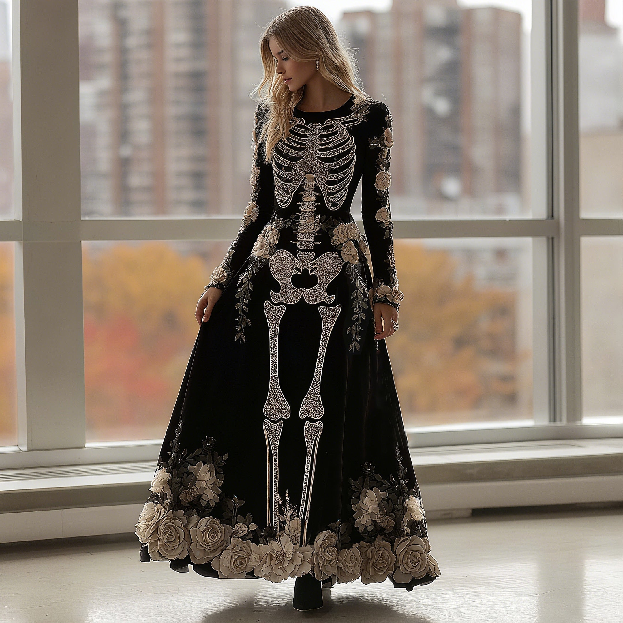 Comstylish Women's Halloween Rose Skeleton Velvet Round Neck Maxi Dress