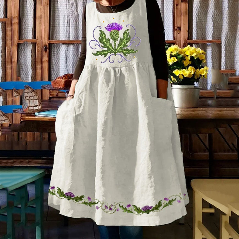 Scottish Thistle Embroidered Sleeveless Linen Blend Midi Dress artswardrobe