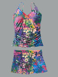 V-Neck Vintage Multicolor Flowers Art Print Suspender Skirt Tankini Pantskirt Set Swimsuit