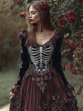 Comstylish Vintage Skeleton Red Roses Embroidered Contrast Velvet Maxi Dress