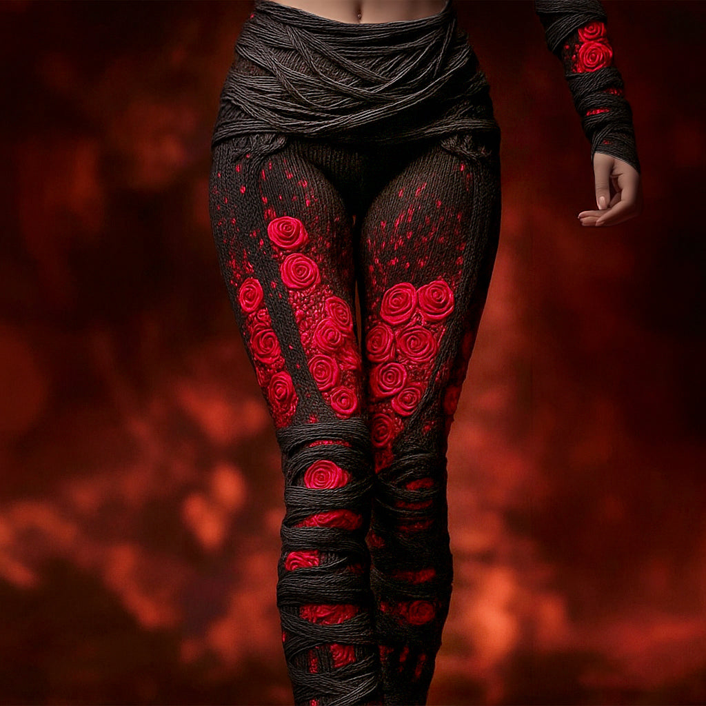 Comstylish Vintage Skeleton Anatomy Bloody Roses Bandages Knit Leggings