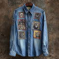 Comstylish Vintage Cat Head Art Women's Long Sleeve Denim Shirt