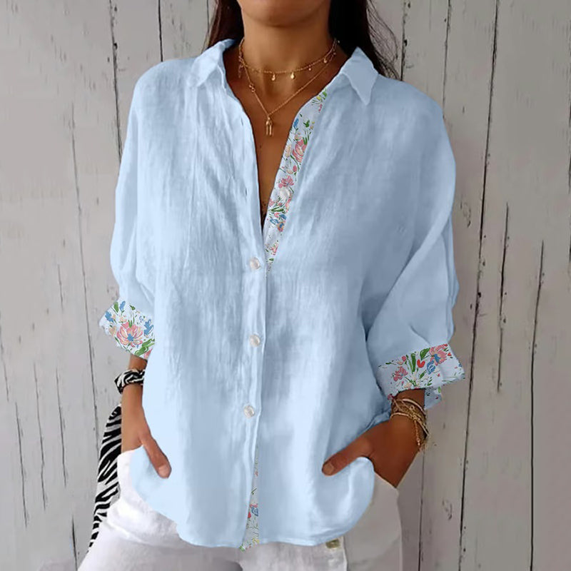 Women's Vintage Oil Painting Floral Art Print Casual Linen Shirt artswardrobe