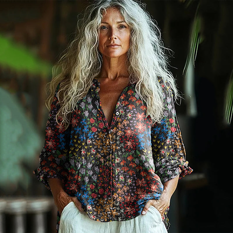 Bohemian Style Linen Colorful Floral Art Print  Long Sleeve Shirt artswardrobe
