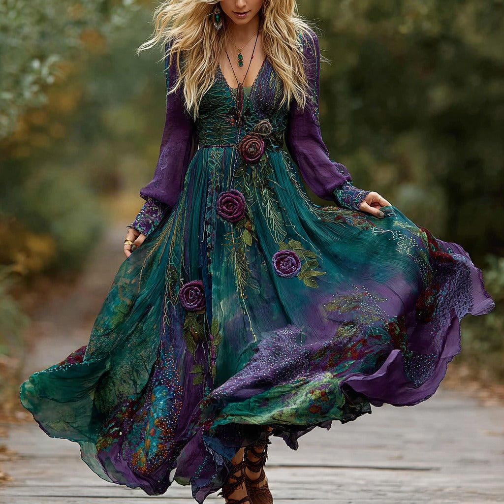Women's Vintage Floral Embroidery Gradient Pattern V-neck Long Sleeve Dress artswardrobe