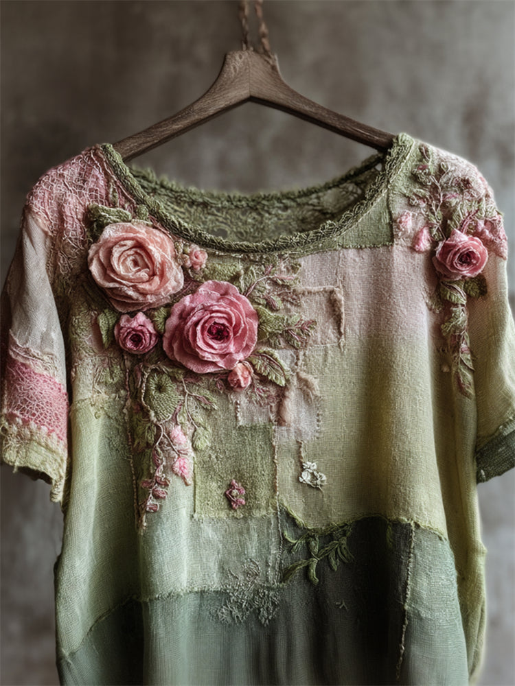 Vintage Pink Roses Cottage Patchwork Linen Tunic artswardrobe