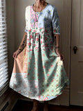 Women's Vintage Floral Patchwork Art Print Pocket Cotton Dress
