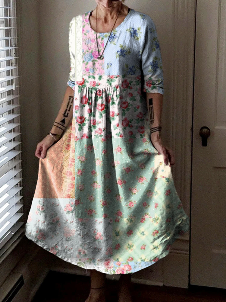 Women's Vintage Floral Patchwork Art Print Pocket Cotton Dress