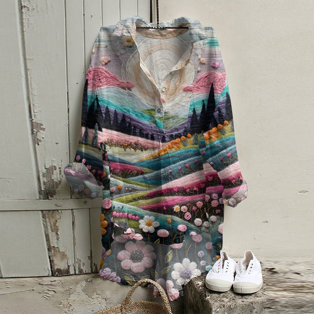 Comstylish Casual Dreamy Pink Village Art Printed Long Sleeve Tunic