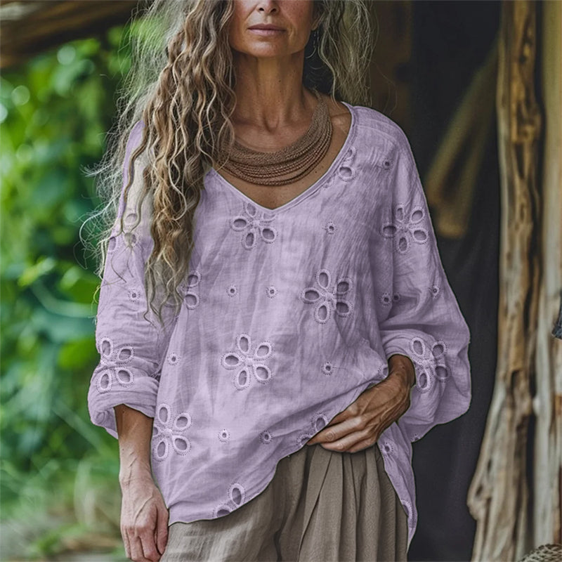 Floral Hollow Lace Embroidered Flowy Linen Tunic artswardrobe