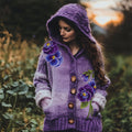 Women's Purple Pansy Floral Embroidery Pattern Cozy Knit Hooded Cardigan elevenforest