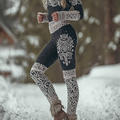 Comstylish Viking Retro Rose Women's Knitted Tight-fitting Leggings