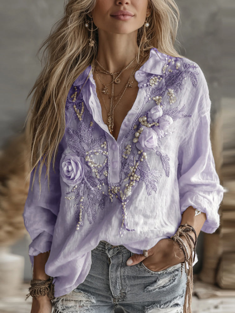 Comstylish Women's Vintage Floral Art Casual Button Shirt