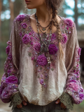 Comstylish Bohemian Style Round Neck Long Sleeve 3d Purple Flower Design Cotton And Linen Top For Women