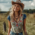 Women's Retro American Western Country Style Floral Embroidered Linen Blend V-neck T-shirt artswardrobe