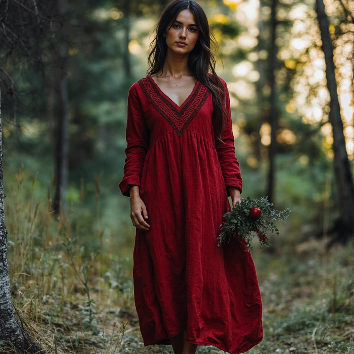 Retro Greek Key V-neck Cotton Linen Dress artswardrobe