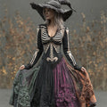 Comstylish Halloween Skeleton Roses Colorblock Wide Skirted Linen Maxi Dress