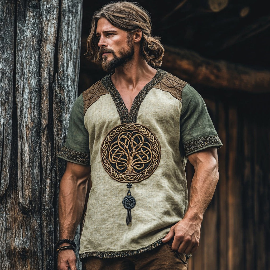Men's Viking Life Of Tree Celtic Knot Art Linen V-neck T Shirt artswardrobe