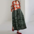 Comstylish Japanese Art Flower Print Crew Neck Loose Midi Dress