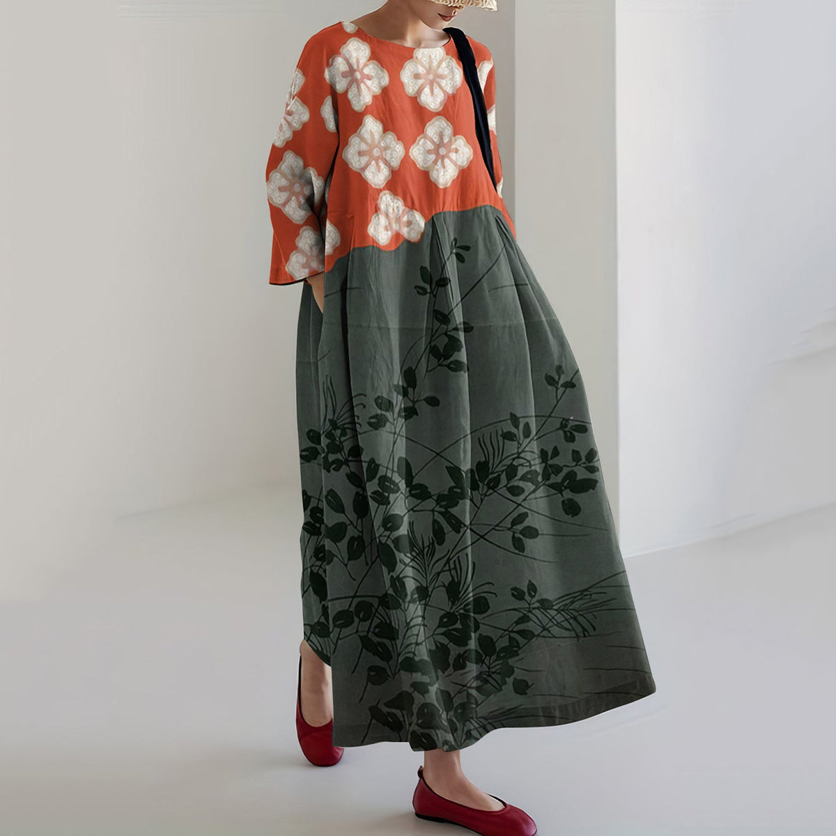 Comstylish Japanese Art Flower Print Crew Neck Loose Midi Dress