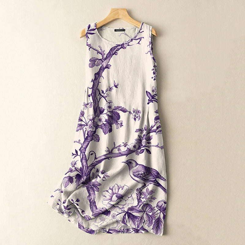 Comstylish Vintage Japanese Flowers And Birds Print Sleeveless Cotton And Linen Midi Dress