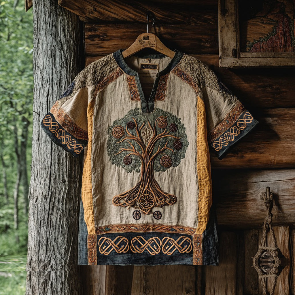 Men's Viking Tree Of Life Tribal Celtic Patchwork Art Linen Shirt artswardrobe