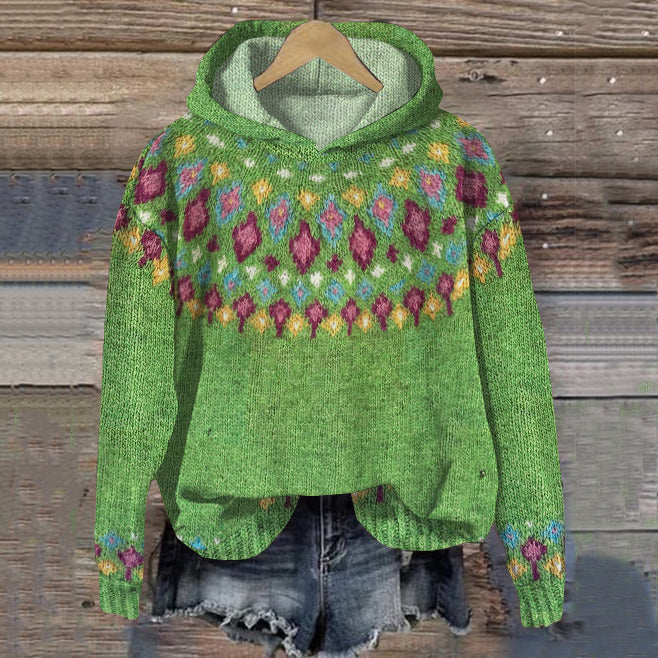 Fairman Island Geometric Contrast Print Button Knit Hoodie elevenforest