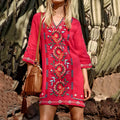 Women's Vintage Ethnic Floral Embroidery Linen Midi Dress artswardrobe