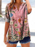 Women's Floral Pattern Art Print Casual Cotton Linen Short Sleeve Shir