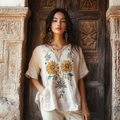 Women's Floral Embroidery Casual Cotton And Linen T-shirt artswardrobe
