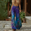 Classy Vintage Purple And Blue Lavender Patchwork And Floral Embroidered Art Gradient Linen Pants artswardrobe