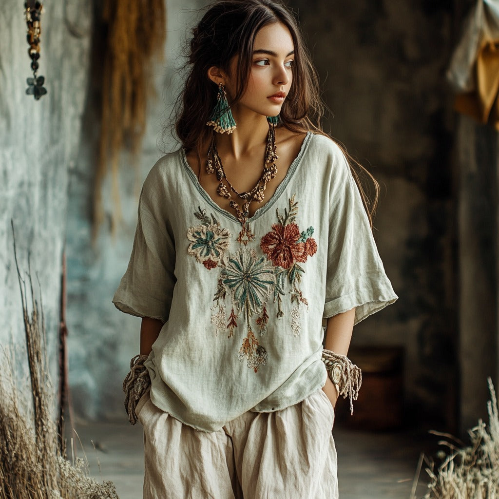 Women's Floral Embroidery V Neck Casual Linen Top artswardrobe