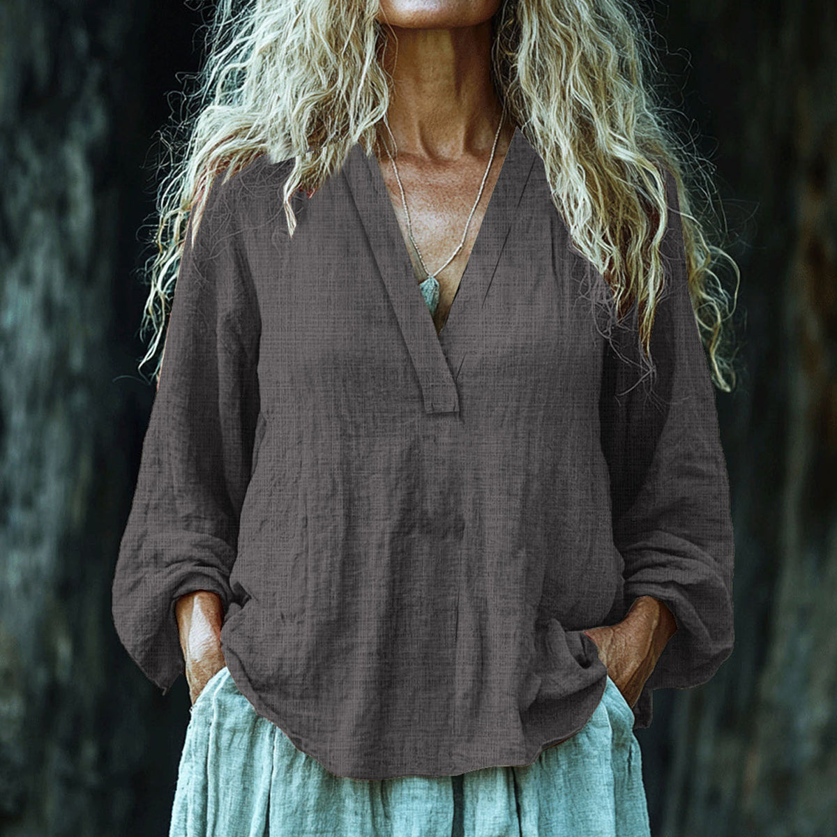 Vintage Elegant Art Linen V Neck Shirt artswardrobe