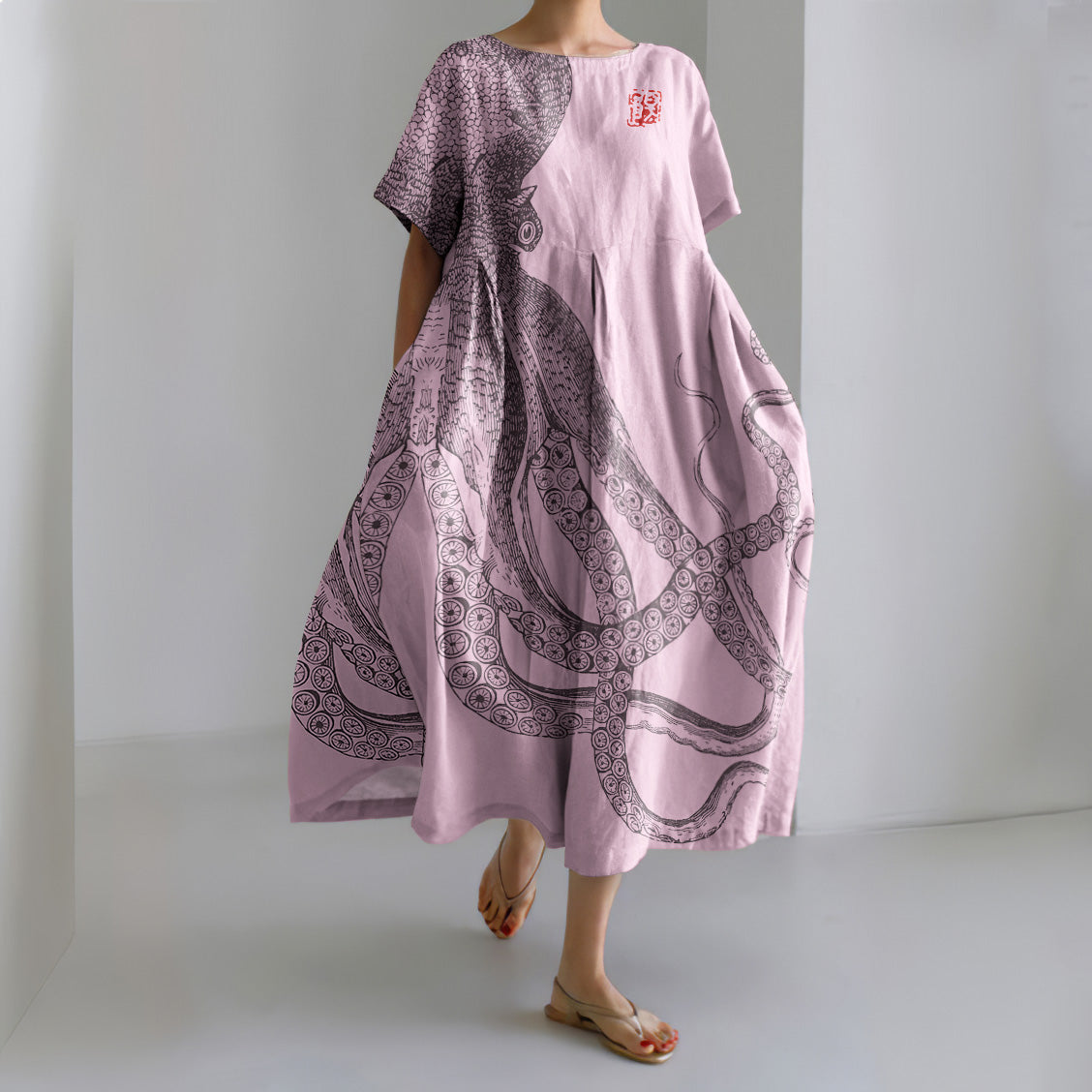 Comstylish Japanese Art Octopus And Crab Print Casual Art Linen Blend Maxi Dress
