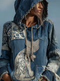 Comstylish Vintage Cat Floral Denim Fiber Art Patchwork Hoodie