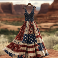 Women's Independence Day Rose Patchwork Art Linen Tank Lace-up Dress artswardrobe