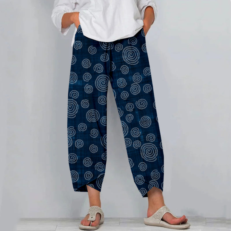 Comstylish Vintage Japanese Pattern Linen Cropped Casual Pants