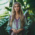 Retro Boho Floral Tribal Embroidery Print Cotton And Linen Blend Loose Blouse artswardrobe
