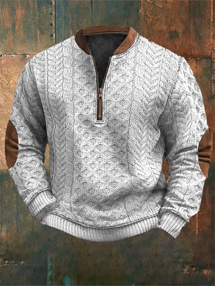 Men's Retro Western Textured Print Zipper Neck Knit Sweatshirt elevenforest