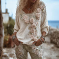 Women's Floral Vintage Cotton And Linen Long-sleeved Top artswardrobe
