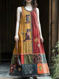 Vintage Floral & Cat Patchwork Linen Vest Long Dress artswardrobe