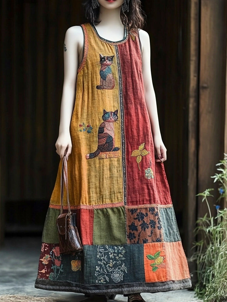 Comstylish Vintage Floral & Cat Patchwork Linen Vest Long Dress