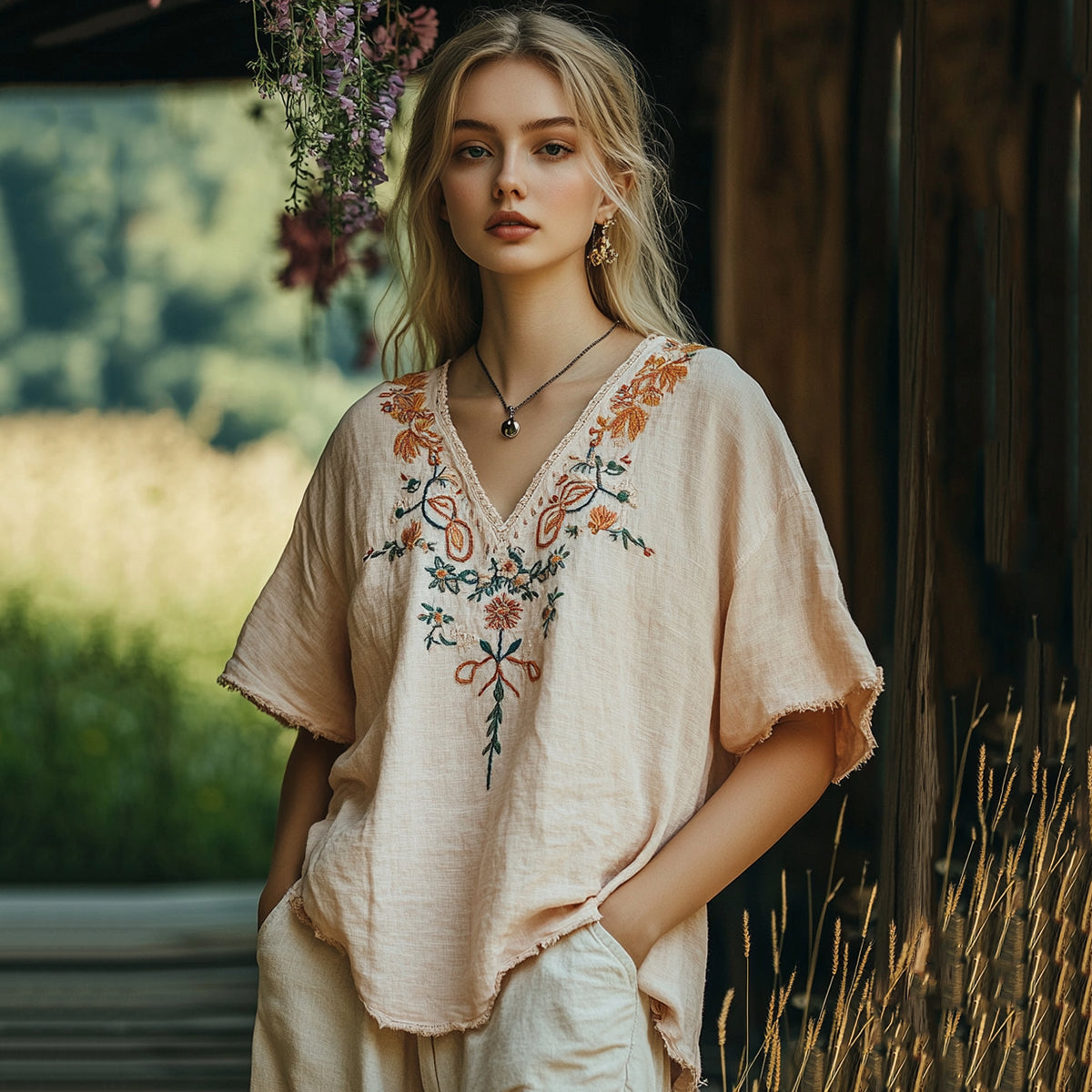 Women's Bohemian Flowers Art Casual Linen Top artswardrobe